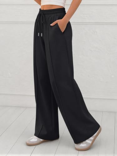 ATHMILE Women's High Waist Wide Leg Sweatpants Black XL - Baggy Lounge Pants