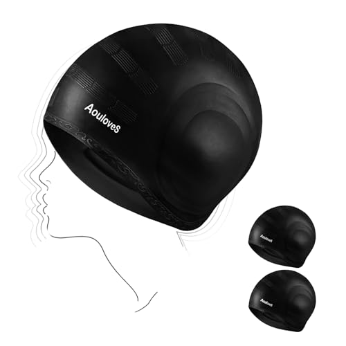 Unisex Swim Caps 2 Pack with 3D Ear Protection - Black
