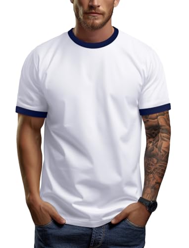 Zengjo Men's Ringer T-Shirt Crewneck Athletic Short Sleeve Sport Tee - Medium White/Navy