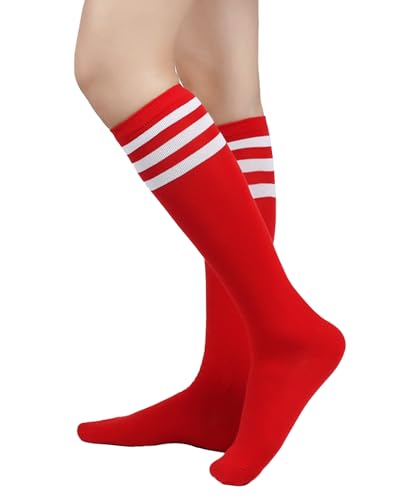 Knee High Socks for Women - Athletic Striped Tube Socks, 3 Pack Red & Black Stripes