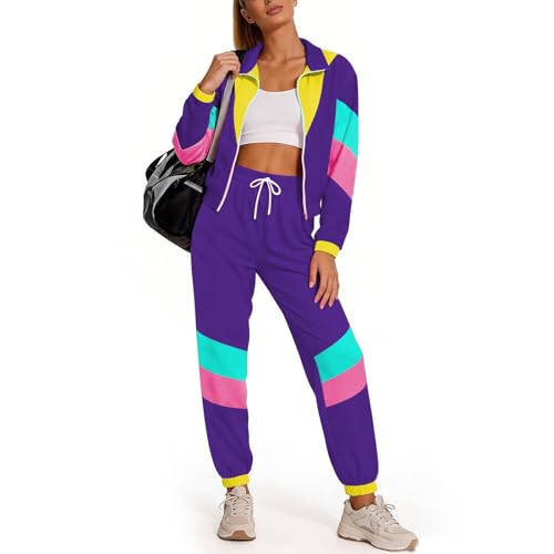Aluvee Women's 80s Retro Color Block Track Suit XL Purple Windbreaker Set