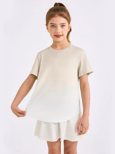 Girls Gradient Athletic Shirt - Short Sleeve Quick Dry Tee, Beige, 7-8 Years