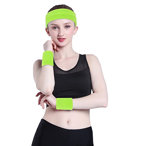 Athletic Cotton Terry Cloth Wristbands - Neon Green Sweatbands (1 Pair)