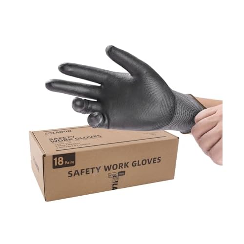 LANON 18 Pairs Safety Work Gloves, Mechanic Working Gloves for Men,Breathable PU Coated, Seamless Knit,Double Wash, Grey, Large
