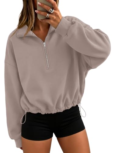 Rexley Women’s Quarter Zip Pullover Crop Sweatshirt – Cinchable Fleece (Medium, Nude Pink)