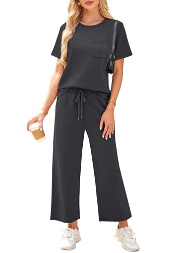 WIHOLL Women's Casual Summer Travel Outfit Set - Medium Dark Grey, Short Sleeve & Wide Leg Crop Pants