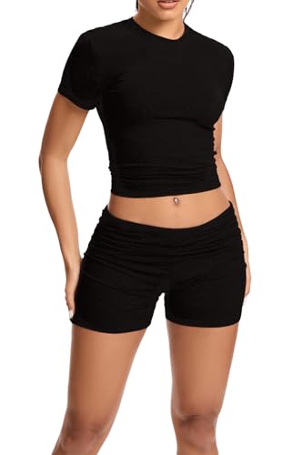 Women’s Workout 2-Piece Set X-Large Black Gym Wear Slim Short Sleeve Top & Foldover Shorts