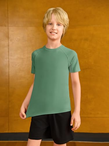 Boys Athletic Compression Shirt - Quick Dry Base Layer, Green, 13-14 Years