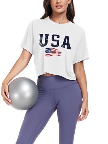 Workout Crop Tops for Women - Athletic Cropped Tshirts, Medium White