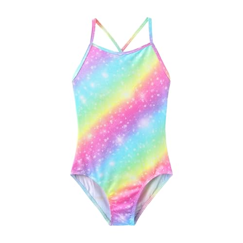 Girls Sparkle One Piece Swimsuit - Adjustable Strap, Rainbow-Pink, 5-6 Years