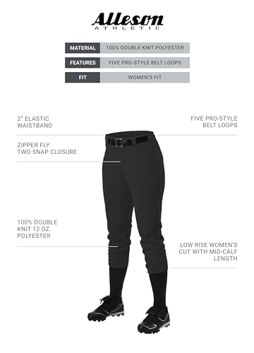 Alleson Athletic Ladies Belt Loop Fastpitch Pants, Large, Black