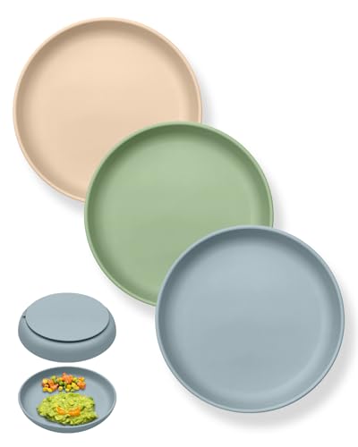 Baby Silicone Suction Plates 3-Pack 7.1 inch, Qyeejong Toddler Dishes – Cappuccino, Moonlit Ocean, Sage Green