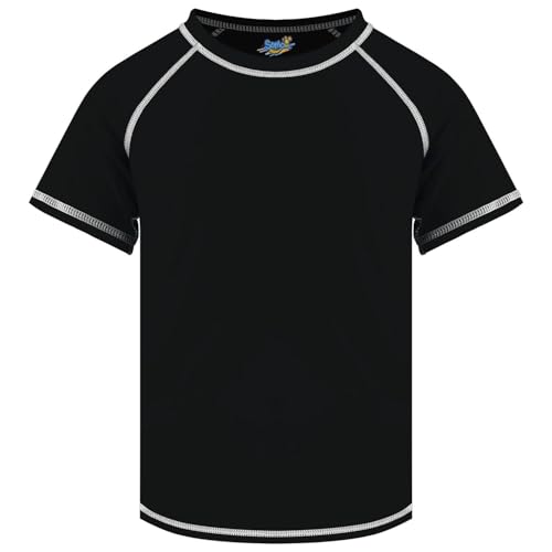 Boys Rash Guard Swim Shirt - Short Sleeve, UPF 50, Black, 12-14 Years