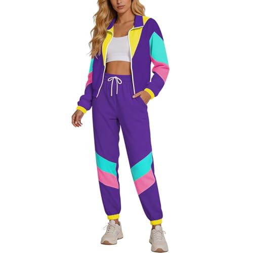 Aluvee Women's 80s Retro Color Block Track Suit XL Purple Windbreaker Set