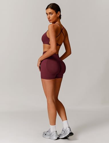 ABOCIW Women's Seamless Workout Sets Backless Sports Bra Scrunch Butt High Waist Gym Shorts 2 Piece Outfit - Wide Red / Small