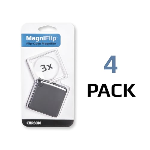 Pack of 4 Carson MagniFlip 3x Pocket Magnifiers with Built-In Case - Travel & Reading