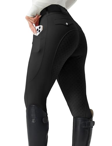 High Waist Horse Riding Pants - Full Seat Breeches with Pockets - Black, Medium