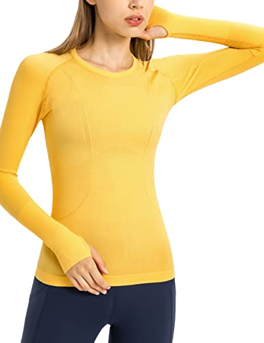 Women's Long Sleeve Yoga Shirt - Breathable Athletic Top, Large Yellow
