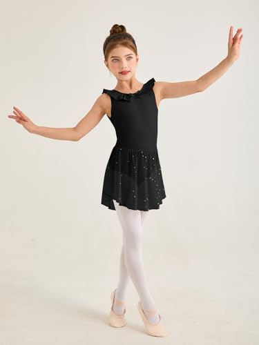 Girls Ballet Leotard with Ruffle Trim & Removable Skirt - Black, 5-6 Years