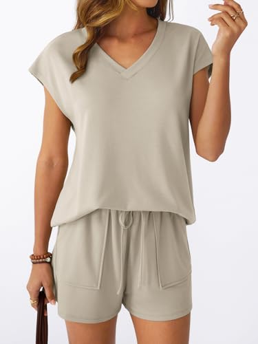 Automet 2-Piece Summer Short Set - Khaki Medium V-Neck Cap Sleeve Lounge Wear