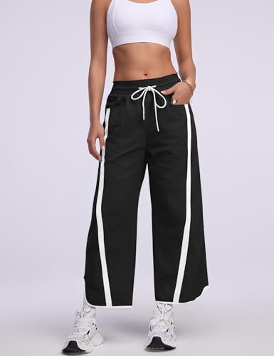 Baggy Wide Leg Track Pants for Women - Lightweight Black Medium