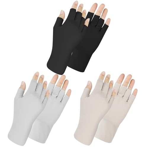 Senkary 3 Pairs Sun Protection Gloves – Ice Silk Fingerless UV Protection Driving Gloves in Khaki, Gray & Black