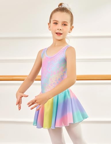 Arshiner Girls 4-5T Rainbow Leopard Hollow Back Ballet Leotard with Skirt - Sleeveless Dance Dress