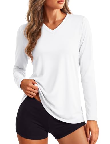 TACVASEN Women's White Long Sleeve V-Neck Tops Quick Dry UPF 50+ Sun Protection Medium