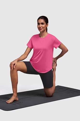 Loose Fit Workout Tops for Women - Short Sleeve Athletic T-Shirt - Large Hot Pink