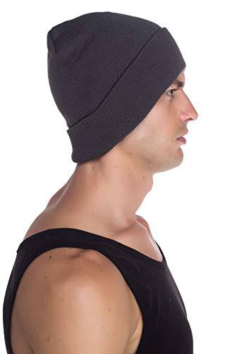 Unisex Cuffed Knit Beanie Hat - One Size Dark Grey