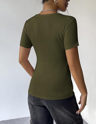 Summer Tops for Women - Short Sleeve Ribbed Knit Tee - Army Green, Medium