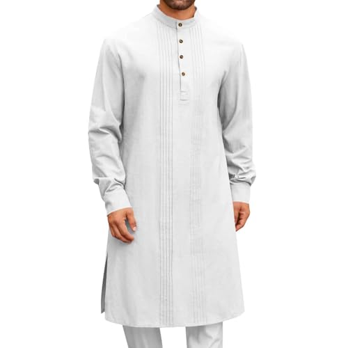 Men's Long Sleeve Stand Collar Kaftan Thobe Robe - White, 3X-Large