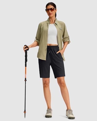 Viodia Women's 9/11 Bermuda Shorts with Zipper Pockets - Black, Large, 9" Inseam