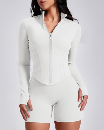 Lightweight Full Zip Workout Jacket for Women - White, Medium