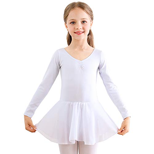 Girls' Ballet Dance Leotard with Skirt - White Long Sleeve, 10-11 Years