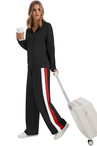 WIHOLL Women's 2-Piece Travel Sweatsuit Set - Black, Medium - Airport & Vacation Loungewear