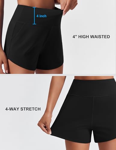 PINSPARK Women's 3.5" Black Athletic Running Shorts - Medium, Unlined Workout Shorts