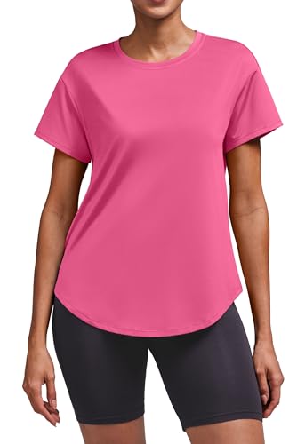Loose Fit Workout Tops for Women - Short Sleeve Athletic T-Shirt - Large Hot Pink