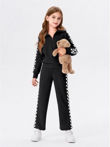 Girls Sweatsuit 2-Piece Zip Long Sleeve Outfit - Checked Black, Age 7-8