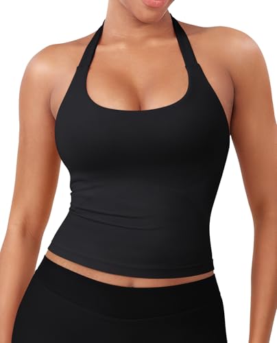 Women's Longline Backless Halter Tank Top with Built-in Bra - Medium Black