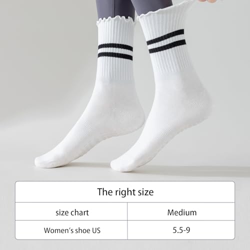 Pilates Socks with Grips - 3 Pairs Non-Slip Ruffle Ankle - White/Black