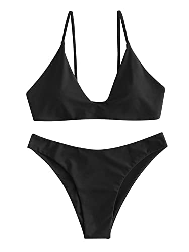 ZAFUL Women's Black Tie Back Padded High-Cut Bikini Set - Small