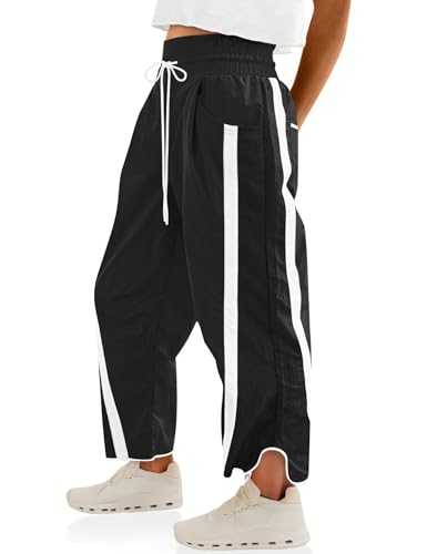 Baggy Wide Leg Track Pants for Women - Lightweight Black Medium