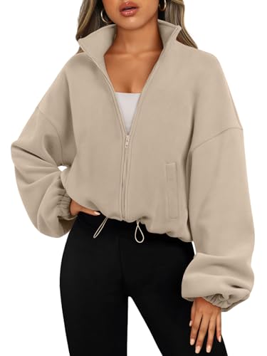 AUTOMET Women's Fleece Jacket Zip Up Oversized Cropped Sweatshirt - Medium Khaki
