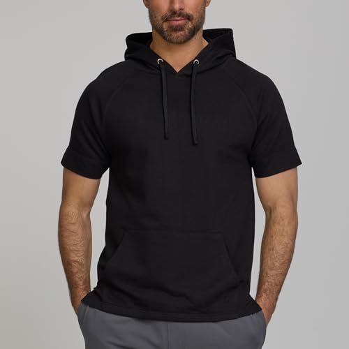 Men's Short Sleeve Hoodie - Breathable Athletic Pullover, Large Black