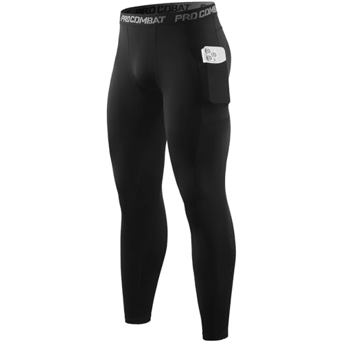 Compression Pants for Men - Running Tights with Pockets - Black - Large
