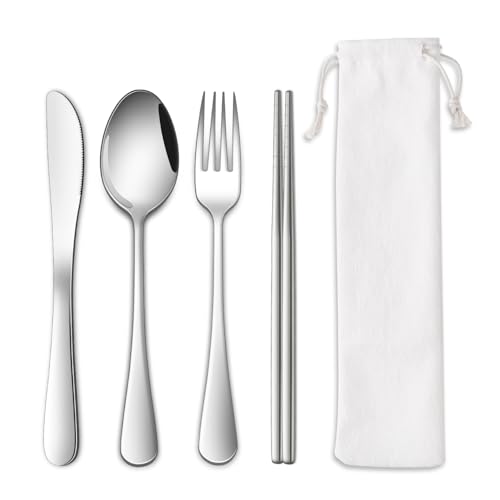 Portable Stainless Steel Travel Utensils Set with Pouch - Silver