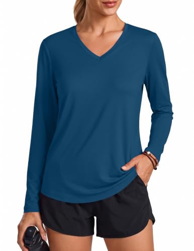 PINSPARK Long Sleeve UPF 50+ Running Top for Women, V-Neck, Dark Blue, Large