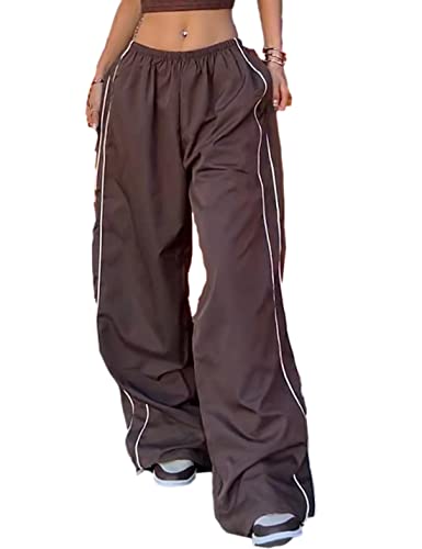 Women's Parachute Pants Wide Leg Baggy Joggers - Y2K Elastic Waist Streetwear - Medium Coffee
