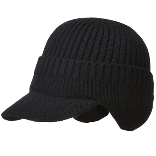Warm Beanie Hat with Earflap and Visor - One Size, Black